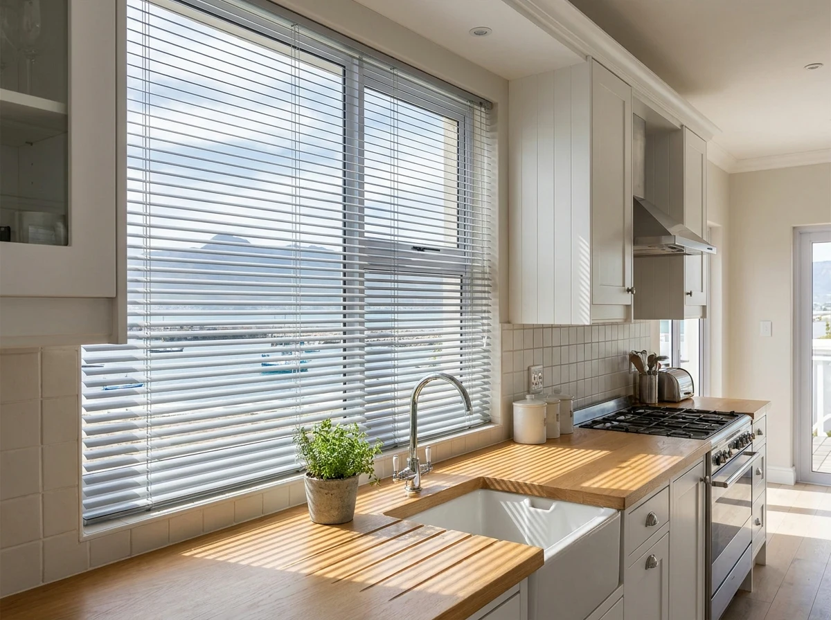 Aluminium venetian blind slats tilted open over a Gordon's Bay kitchen window, harbour and mountains beyond