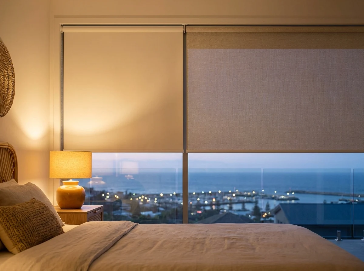 Blockout and sunscreen double roller blind lowered over a Gordon's Bay bedroom window at dusk, harbour lights below