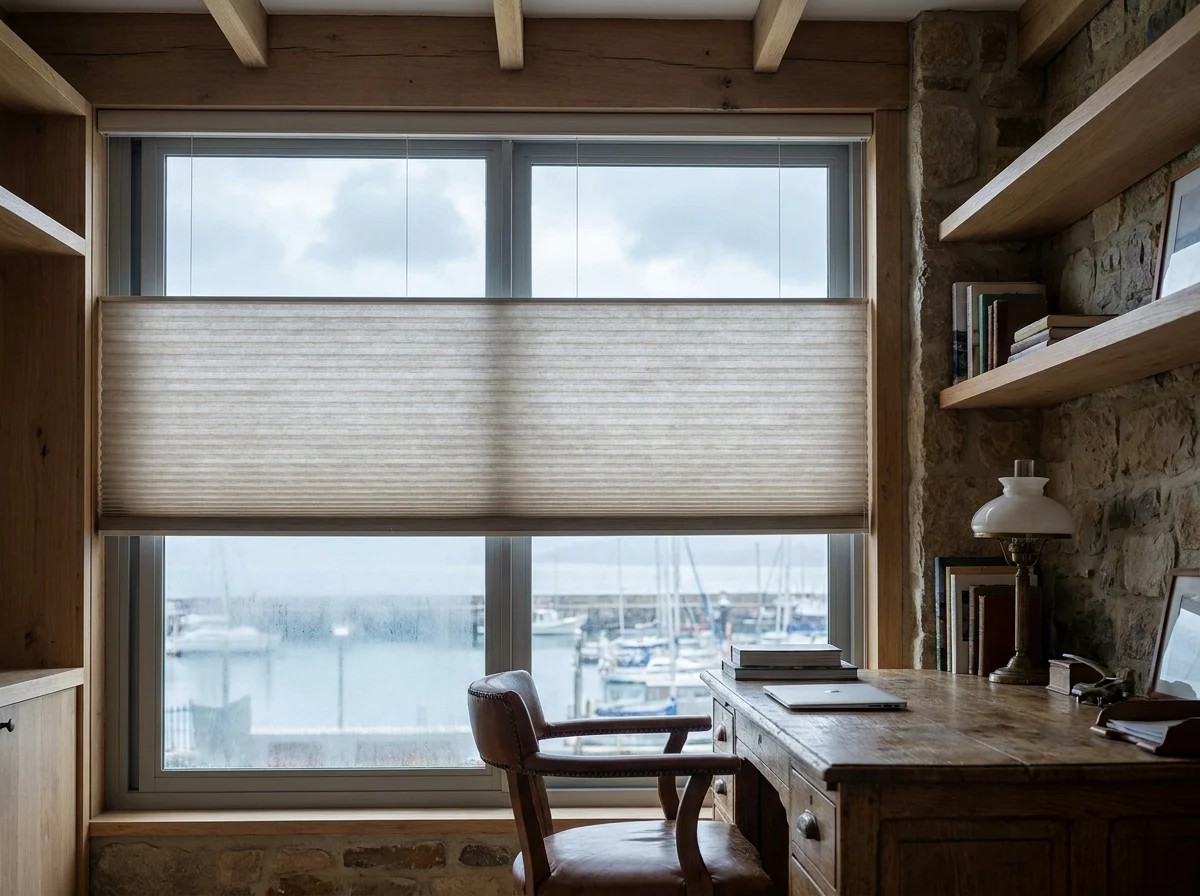 Cellular honeycomb blind with hexagonal pleated cells half-drawn in a Gordon's Bay study window overlooking the harbour