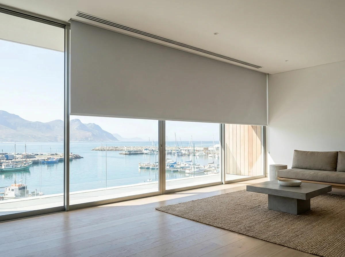 Roller blind dropped from a concealed ceiling recess in a Gordon's Bay lounge, harbour and mountains visible through the glass