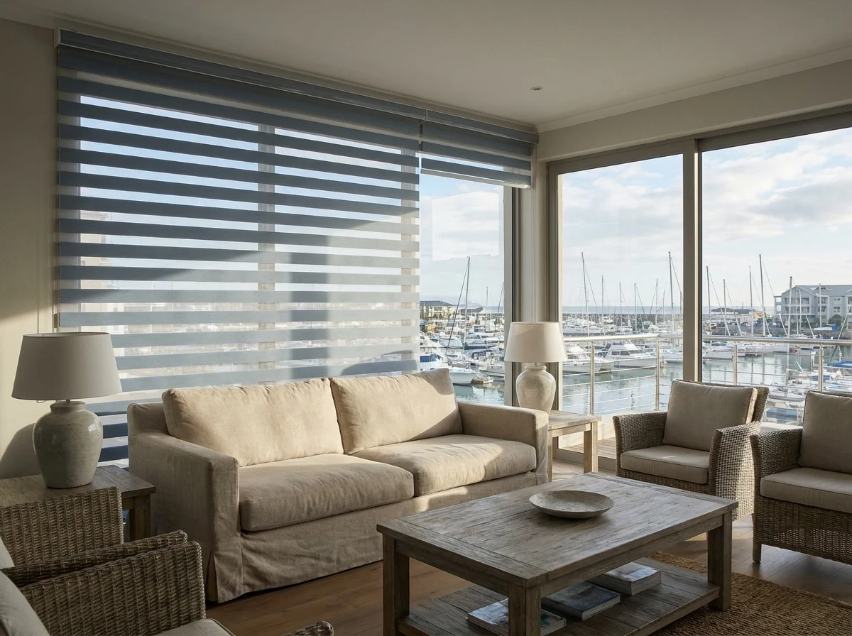 Day/night zebra blind with alternating sheer and solid bands in a Gordon's Bay living room overlooking moored yachts
