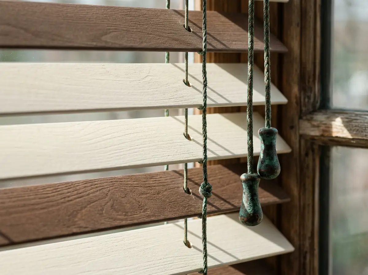 Close-up of wooden venetian blind slats and lift cords against a window frame in a Gordon's Bay home