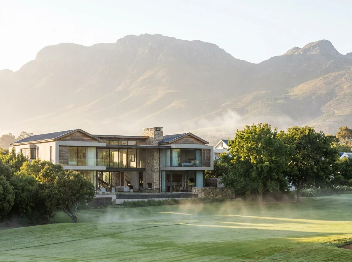 Luxury home on Erinvale Golf Estate overlooking a fairway with the Helderberg mountains behind, misty morning light