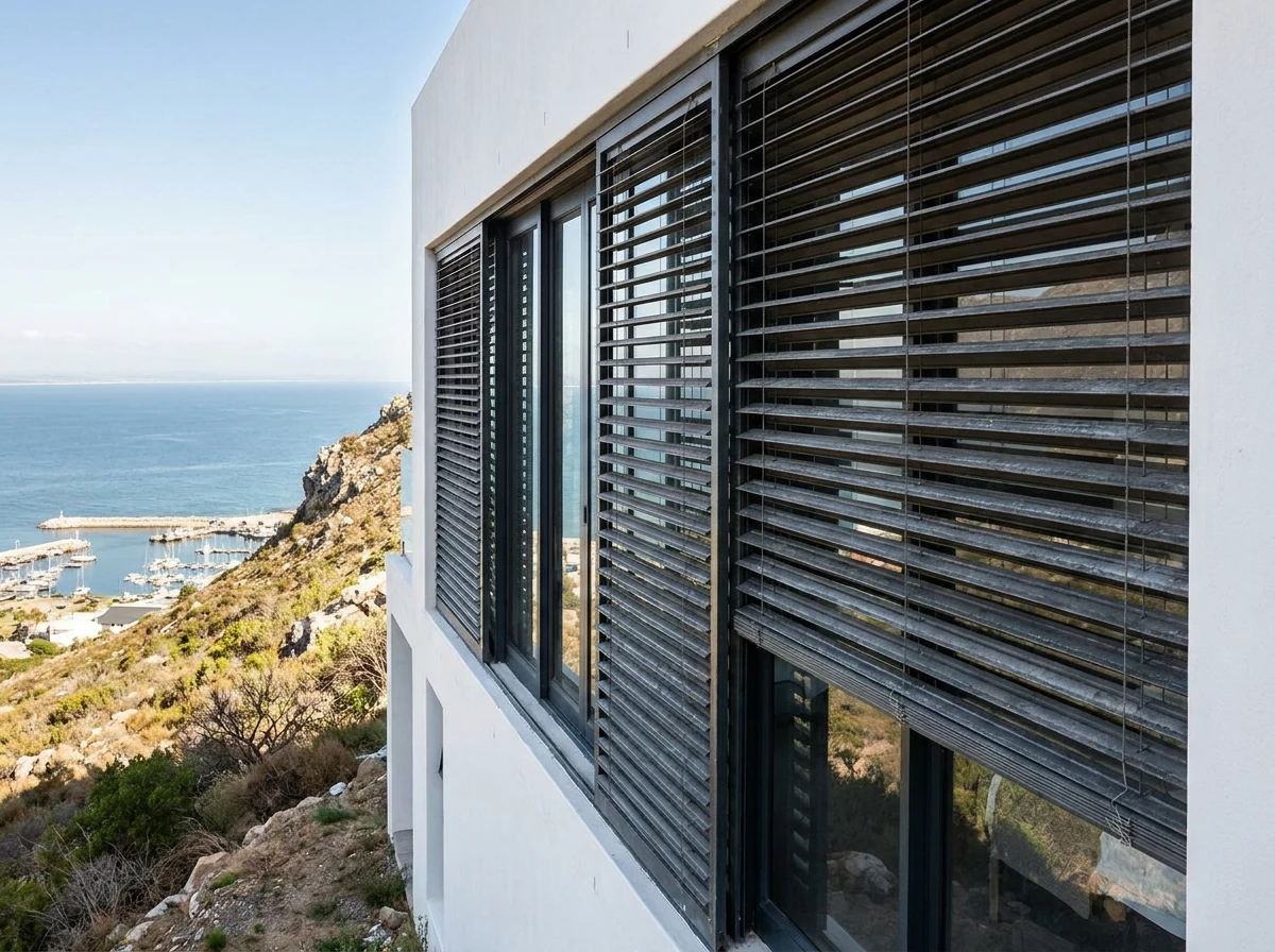 External aluminium venetian blinds shading a row of windows on a Gordon's Bay home above the harbour