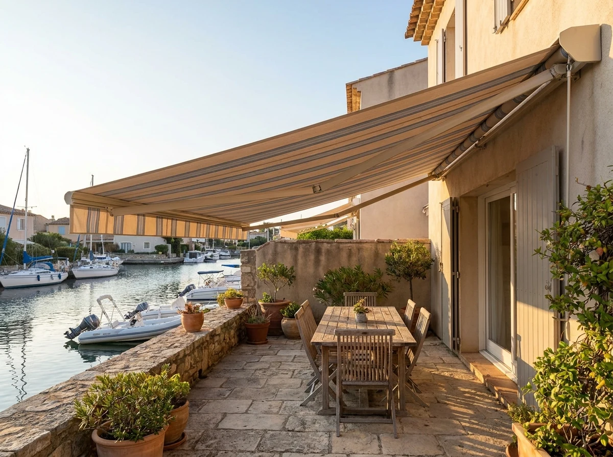 Retractable folding-arm awning extended over a Harbour Island terrace in Gordon's Bay, canal and moored boats beyond