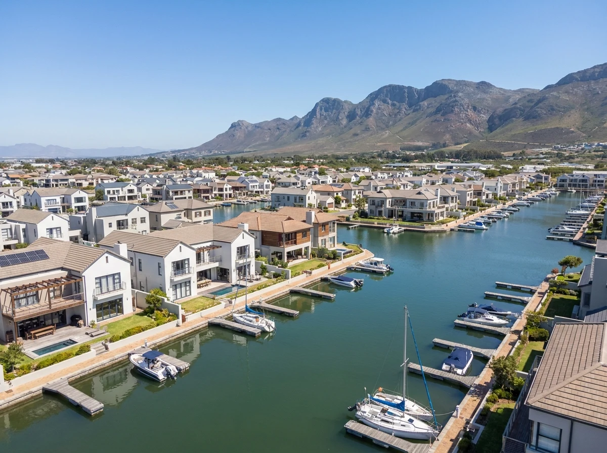Canal-front homes and private jetties at Harbour Island, Gordon's Bay, with the Hottentots-Holland mountains behind