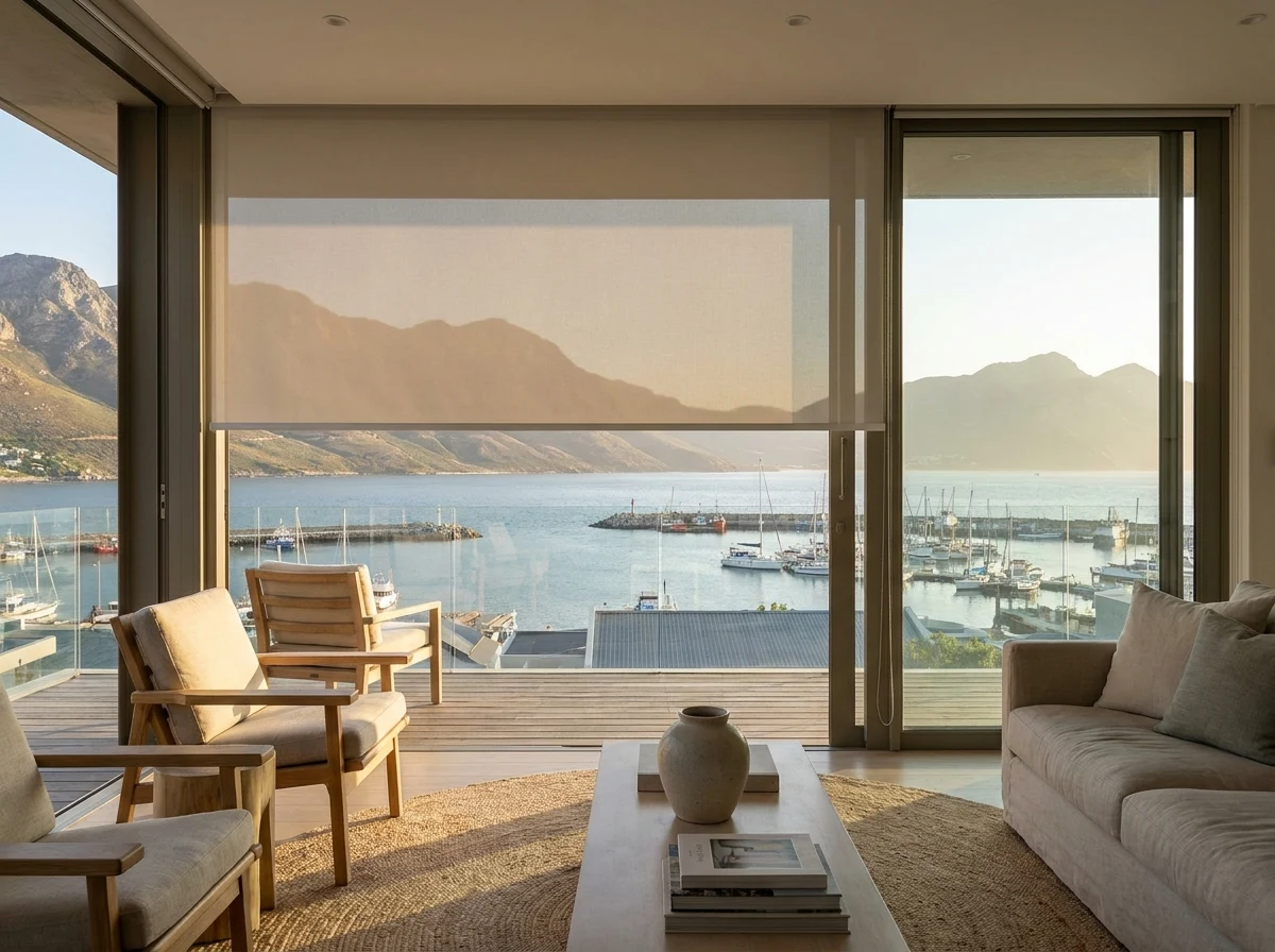 Sea-facing lounge in a Gordon's Bay home with a sunscreen roller blind framing the harbour and mountains