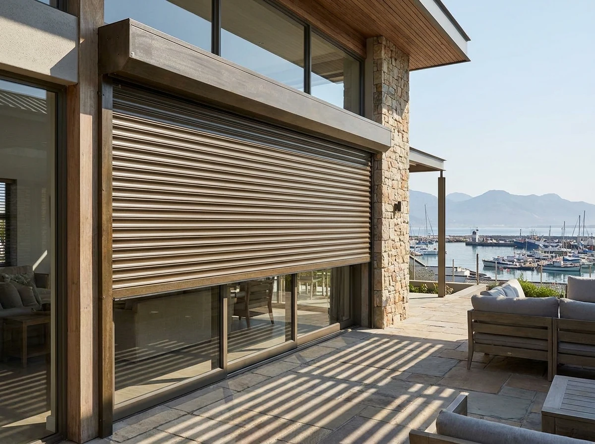 Aluminium roller shutter lowered halfway over a sliding door on a Gordon's Bay patio, harbour visible beyond — shading, not security