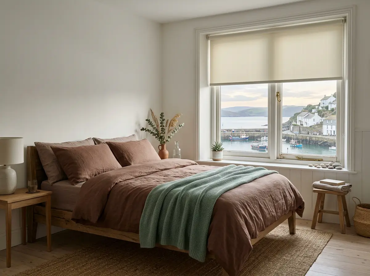 Bedroom in a Gordon's Bay home with a flat cream roller blind lowered over a window overlooking a harbour town, wooden bed with rust-toned linens