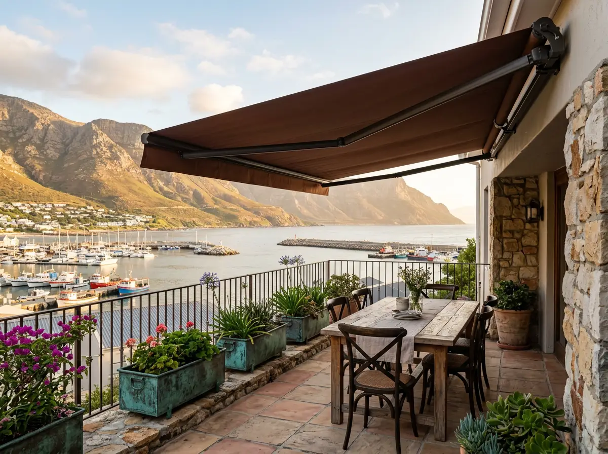Retractable fabric patio awning extended over a stone terrace dining area with harbour and mountain views in Gordon's Bay