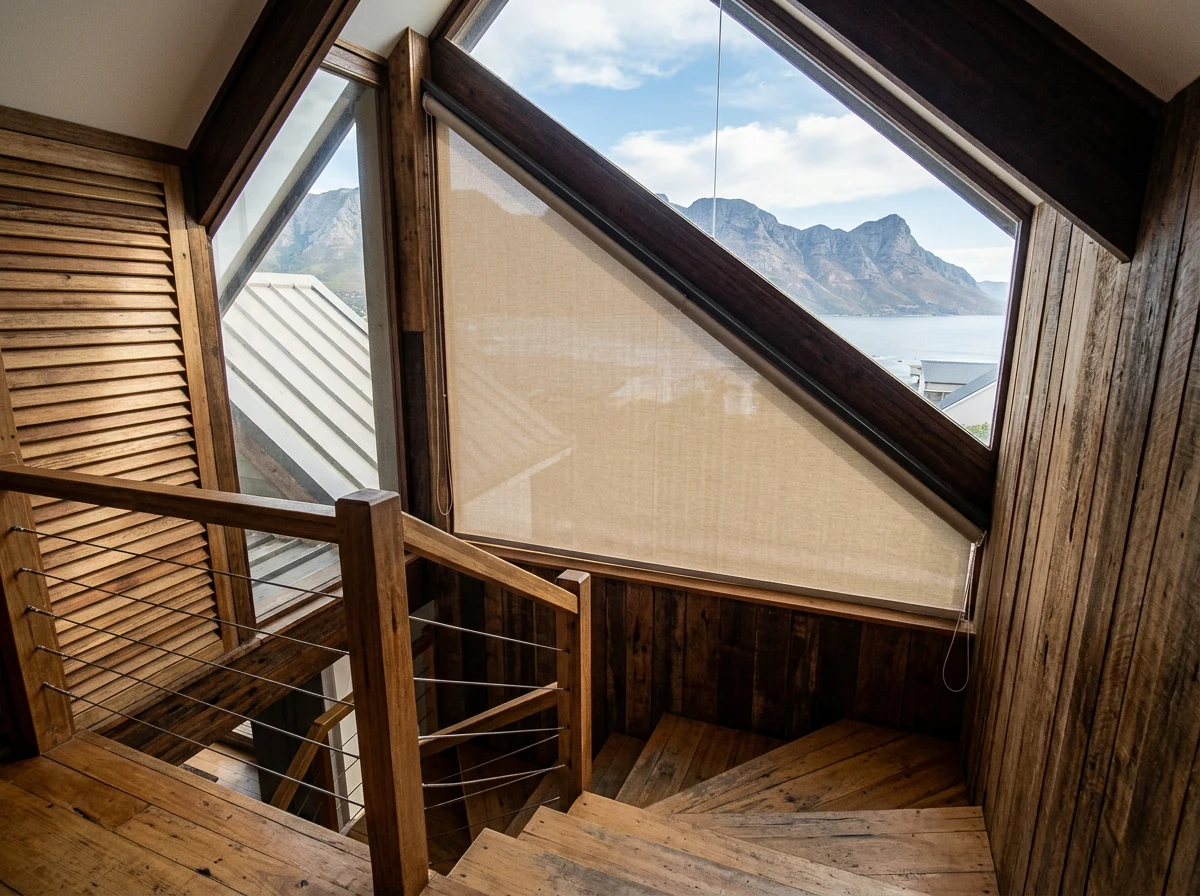 Triangular shaped roller blind fitted to an angled gable window in a Gordon's Bay stairwell, mountains beyond