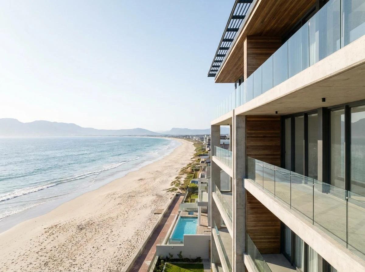 Beachfront apartment balconies in Strand, Western Cape, facing the long sandy beach and False Bay
