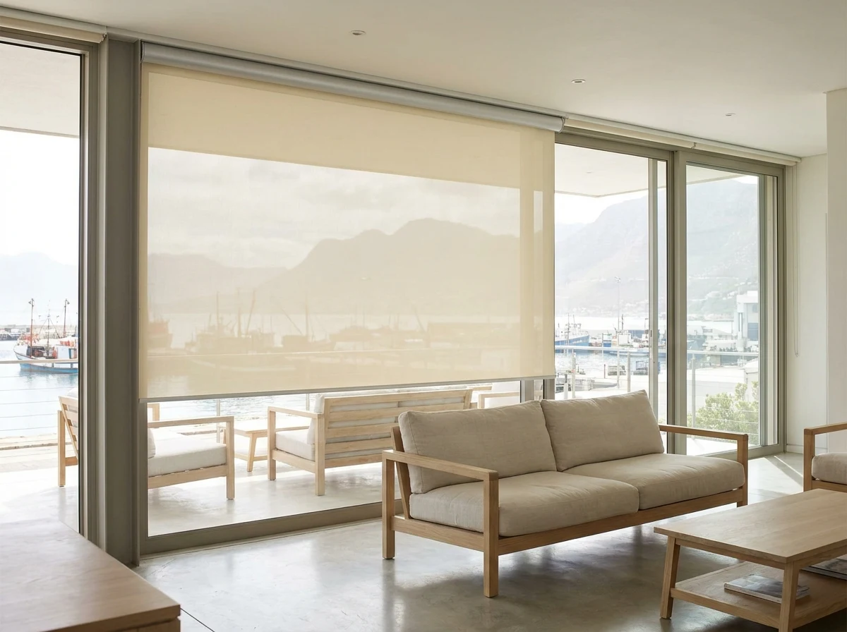 Flat cream sunscreen roller blind lowered halfway across a Gordon's Bay lounge window, harbour and fishing boats visible through the mesh