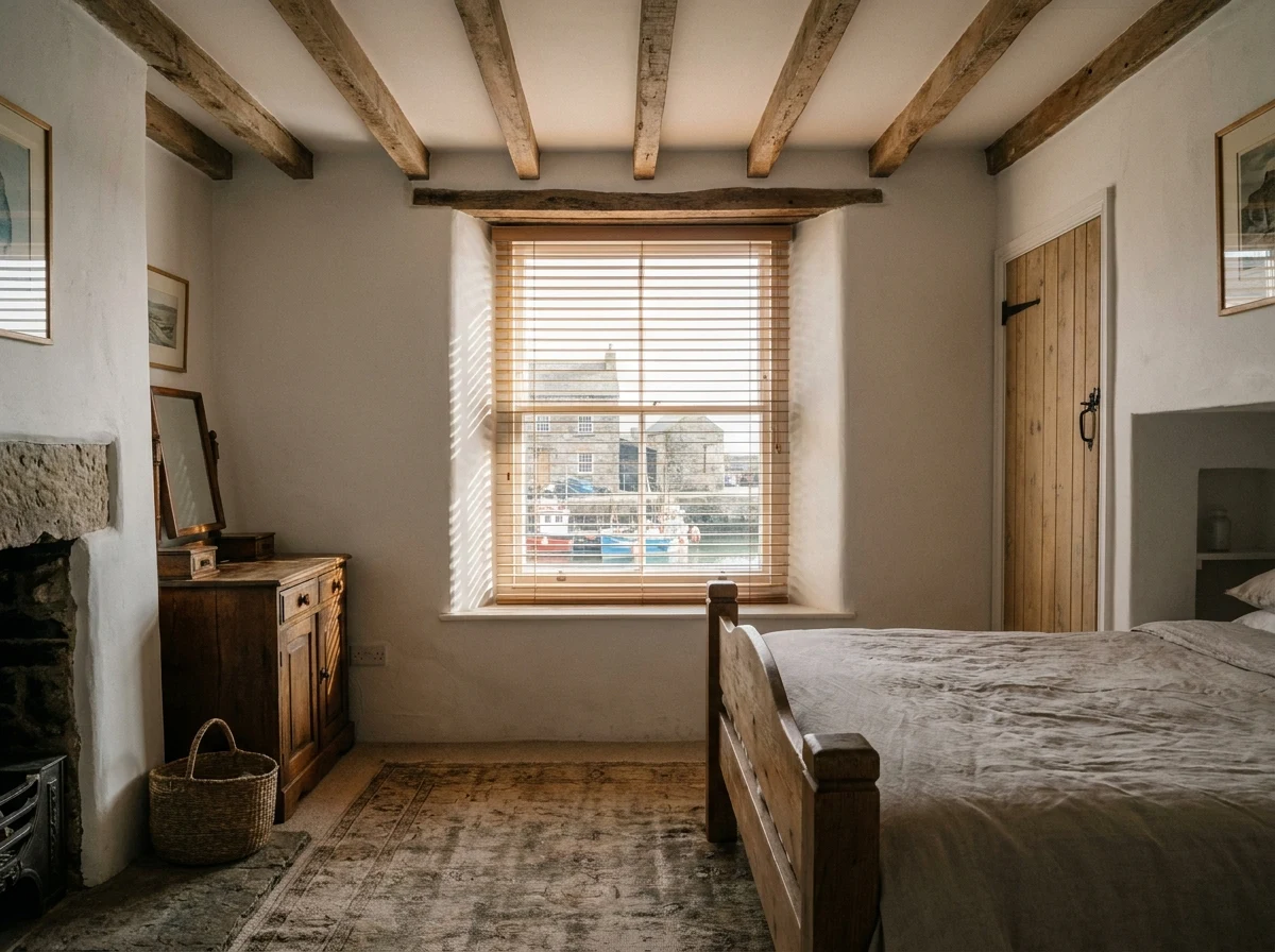 Warm timber venetian blind slats tilted open in a character cottage bedroom near the old Gordon's Bay harbour