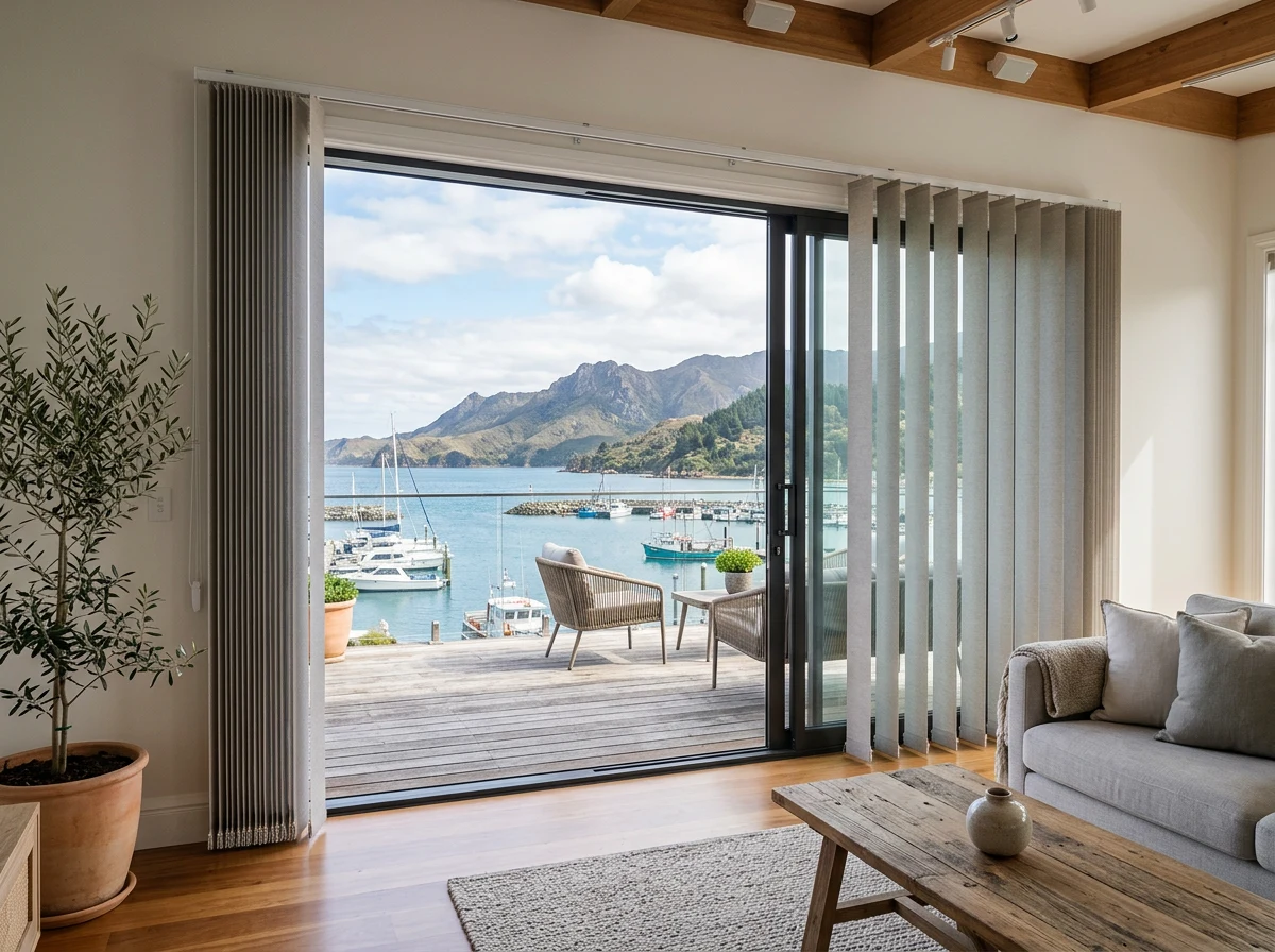 Vertical panel blinds drawn to one side of a wide sliding door in a Gordon's Bay home opening onto a harbour-view deck