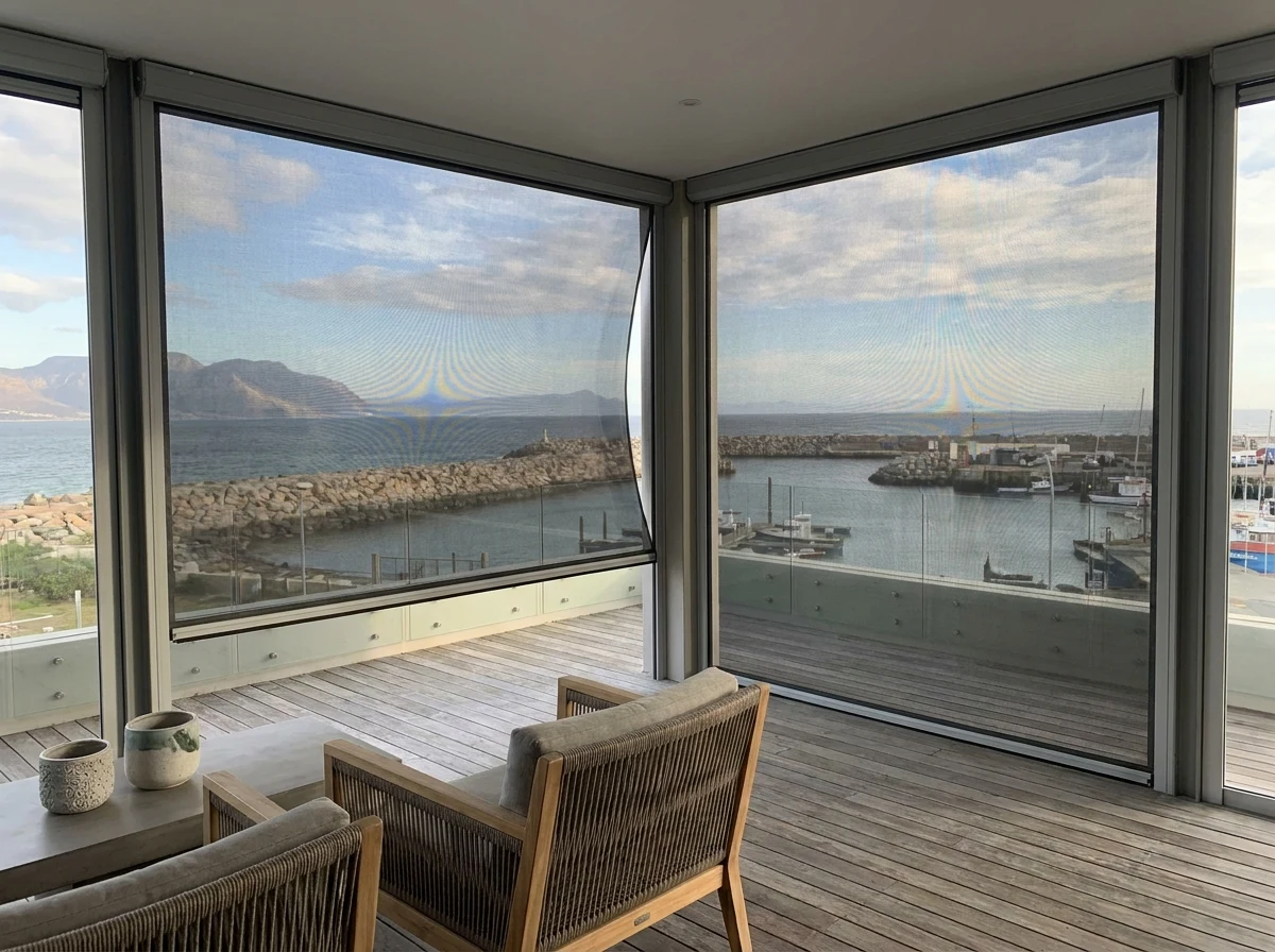 Zip-track screens enclosing a Gordon's Bay balcony, harbour entrance and breakwater visible through the mesh
