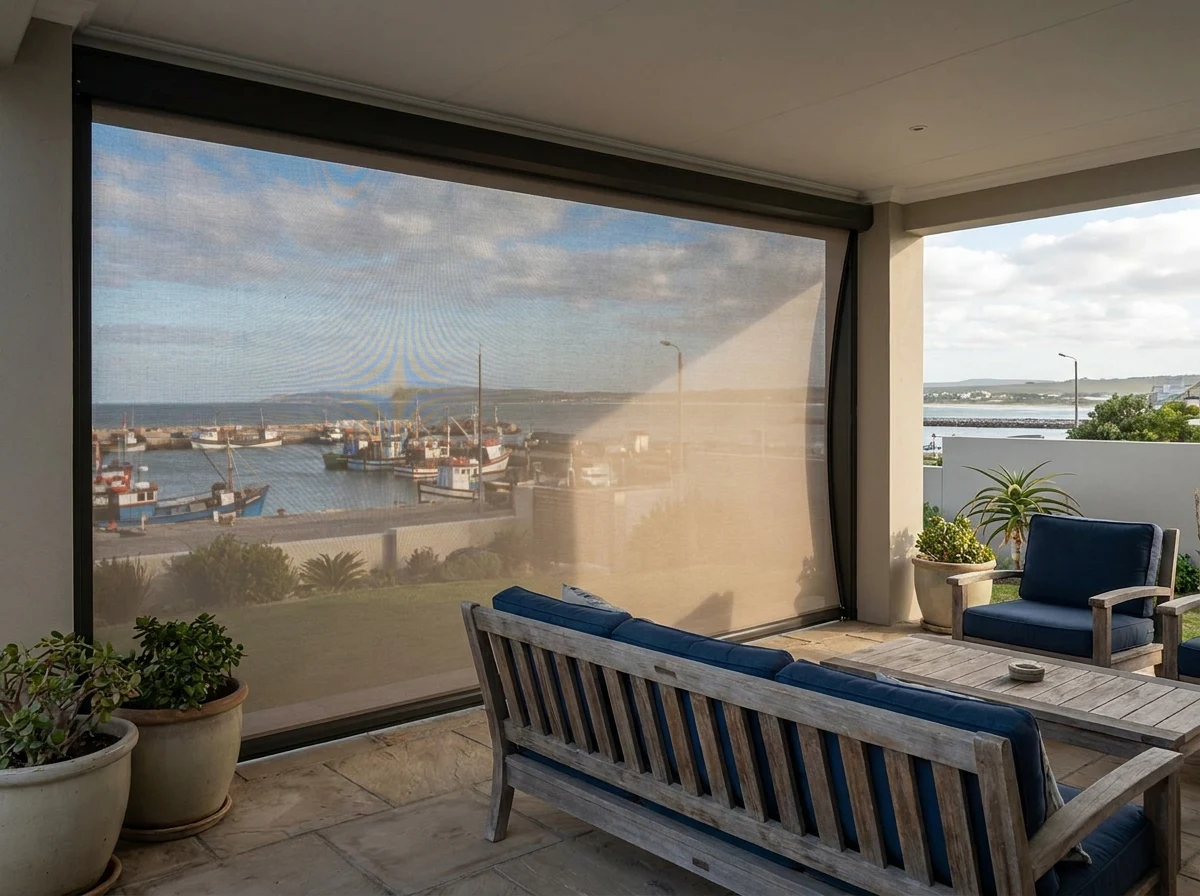 Zip-track outdoor screen lowered in its aluminium channels on a Gordon's Bay patio, harbour and fishing boats visible through the mesh